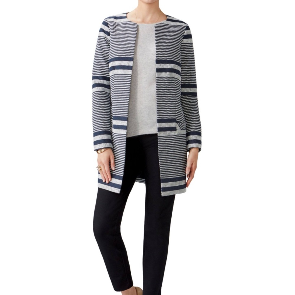 Pure Collection Longline Woven Black and White Striped Open Front Blazer Size 12